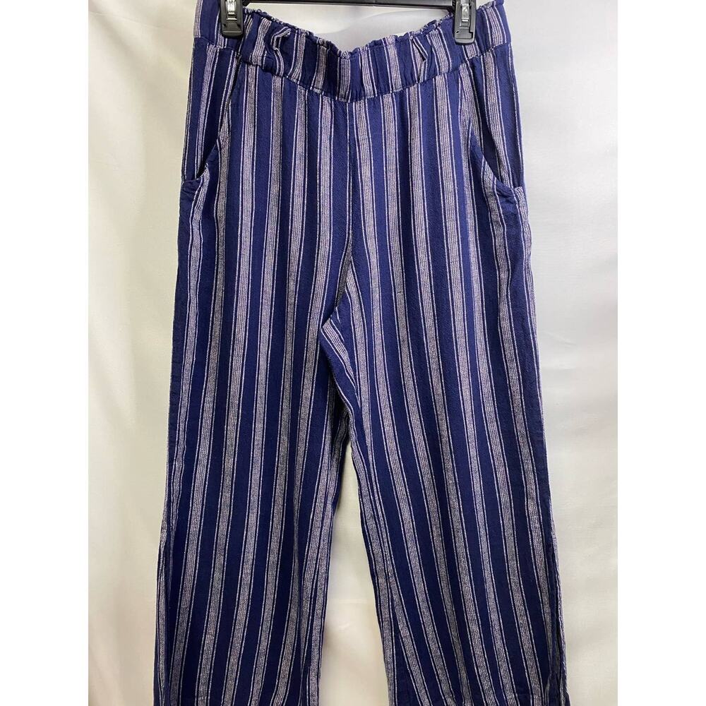 Indigo Rein Woman's  Large  Wide Leg  Pull On Split Leg  Blue Stripped Pants